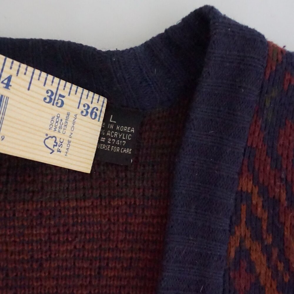 Vintage Melange Navy Burgundy Geometric Knit Button Front Cardigan Sweater L - Picture 9 of 11
